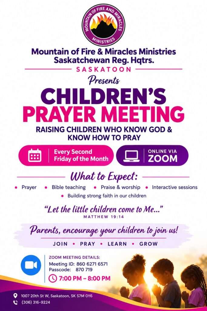 Children's Prayer Meeting flyer — MFM Saskatoon Church, every second Friday of the month, 7:00-8:00 PM online via Zoom